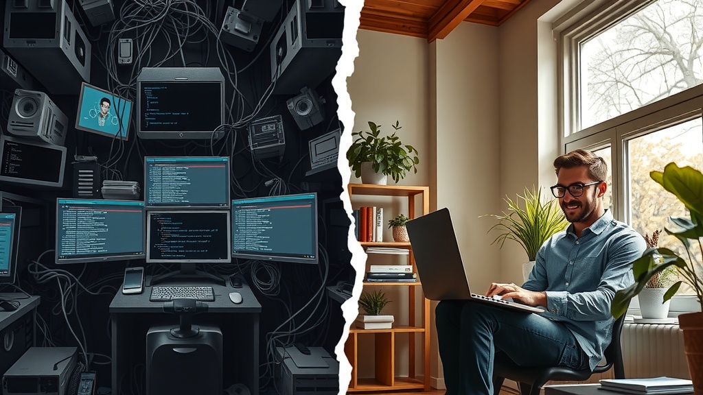 vertical split-screen image showing deep internal transformation of a user dealing with file transfer in Data Store Make.com via API left side depicts a stressed professional surrounded by cluttered technology with tangled wires and chaotic screens displaying error messages and unread notifications in a dimly lit room of muted grays browns and blues harsh shadows casting a heavy atmosphere conveying despair frustration exhaustion and overwhelm the man sits slumped with furrowed brows clenched jaw and tired eyes right side shows the same professional now calm confident and inspired in a bright warm environment filled with natural sunlight streaming through large windows dressed casually smiling as he effortlessly uses a sleek laptop displaying smooth flowing data integrations in a clean modern workspace surrounded by plants and serene elements evoking peace clarity and productivity a clear visual crack divides the image highlighting the stark contrast between chaos and harmony between complexity and simplicity emphasizing transformation from stress to mastery captured with rich colors and expressive facial details no text or symbols