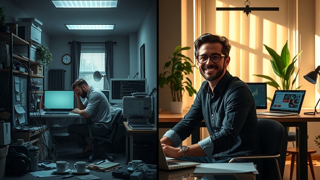highly detailed vertical split image showing deep transformation same professional man in his 30s portrayed in two contrasting halves left side representing before extreme stress and overwhelm in a dimly lit cluttered home office with cold gray blue and black tones the man appears tired frustrated and anxious sitting hunched over his desk filled with tangled cables a glowing laptop screen full of error messages and notifications scattered papers and empty coffee cups harsh shadows from a single overhead light emphasize his exhaustion and loneliness right side showing the same man after transformation relaxed confident and inspired in a bright inviting modern workspace bathed in warm golden natural light surrounded by lush green plants and organized desk with a laptop displaying a smooth clean dashboard a webhook integration interface visible he smiles peacefully wearing casual comfortable clothes conveying calm and control the split marked by a clear sharp vertical line contrasting darkness and muted colors on left with vibrant warm tones on right focusing on emotional journey from burnout to empowerment no text symbols or numbers in the image