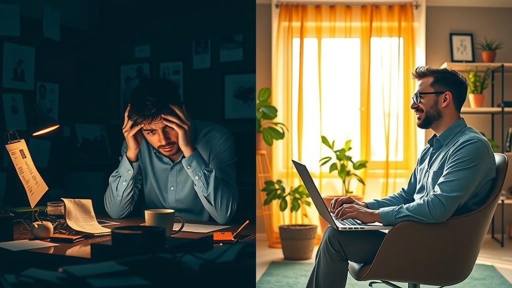 vertical split-screen image strong visual contrast left side shows a stressed smm specialist overwhelmed by multiple social media notifications on smartphone and laptop screens messy desk cluttered with papers and cold coffee dim room with dull gray blue and brown tones harsh side lighting casting deep shadows expression of despair frustration exhaustion right side shows the same smm specialist relaxed confident and joyful sitting in a bright modern home office filled with warm golden sunlight surrounded by green plants and cozy decor using ai and automation tools on clean sleek laptop screen pleasant pastel colors soft diffused lighting expression of inspiration and success clear visual boundary between chaos and calm character in same pose with transformed facial expression and body language no text symbols or numbers realistic detailed cinematic lighting