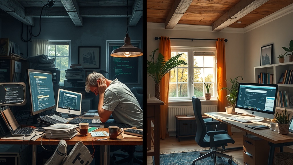 Highly detailed vertical split-screen image demonstrating a profound internal transformation of a software developer dealing with unfinished Make.com scenarios via API integration Left side a tense overwhelmed developer in a cluttered dimly lit workspace with multiple screens showing error messages and tangled code lines the atmosphere heavy with chaos and frustration colors muted dirty grays browns and blues harsh overhead shadows the developer hunched gripping their head exhausted with furrowed brows and tired eyes surrounded by scattered papers coffee cups and buzzing devices Right side the same developer now calm and confident in a bright airy room bathed in warm natural sunlight soft pastel tones and greens the workspace orderly with a single laptop displaying a smooth Make.com API dashboard the developer relaxed smiling and engaged as they effortlessly automate workflows with family photos and plants adding warmth and harmony between the two halves a bold clear visual divide created by stark contrast in lighting and color tone the person in identical pose yet transformed facial expression posture and environment expressing freedom efficiency and joy no text symbols or logos present
