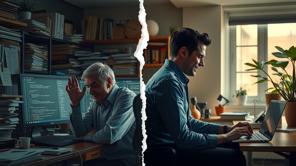 highly detailed vertical split screen image showing deep internal transformation left side dark and oppressive scene illustrating despair frustration and overwhelm a mid aged professional struggling with complex API codes on a cluttered computer screen surrounded by stacks of paper and chaotic notifications dim cold lighting with dirty gray blue and brown tones harsh side lighting casting sharp shadows the person looks exhausted annoyed and tightly tensed in a cramped messy office right side bright harmonious scene of relief and empowerment the same person now calm and confident working smoothly on a sleek laptop with clean user interface showing Make.com API management tools natural warm sunlight flooding a tidy modern workspace filled with green plants and warm pastel colors the person is smiling relaxed and engaged in guiding a team remotely on a video call through the API transfer process the vertical divide is a strong vivid crack emitting contrasting light separating the two worlds emphasizing the emotional and environmental shift no text no symbols no numbers realistic cinematic style expressive facial details clear contrast in emotion color and light
