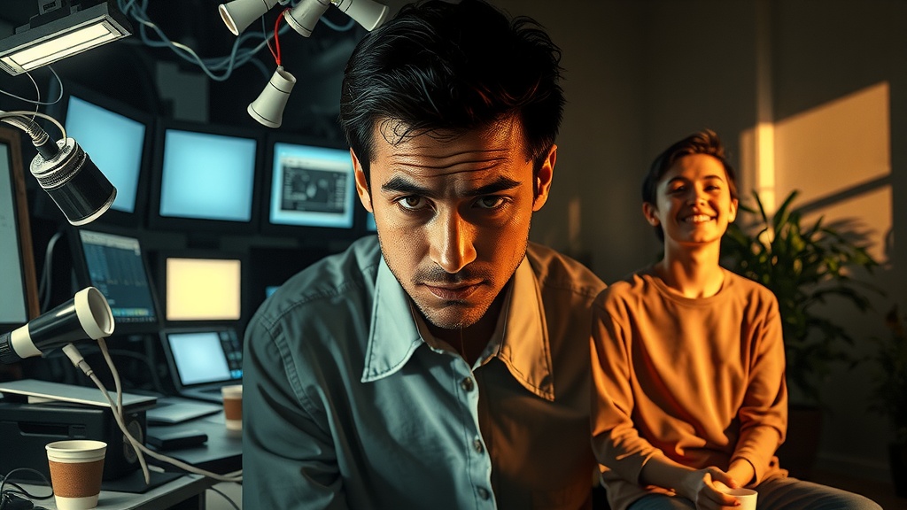vertical split-screen image showing deep internal transformation of a person left side depicts a stressed individual overwhelmed by chaotic technology devices and multiple screens emitting cold blue and gray light the environment dark cluttered with wires papers and empty coffee cups the person slumps with a furrowed brow and tired eyes expressing frustration anxiety and burnout harsh side lighting casting strong shadows right side shows the same person relaxed joyful and freed surrounded by warm natural light soft golden and green tones sitting peacefully in a bright minimalist room or outdoor nature setting engaging in a beloved hobby or spending time with family the person smiles gently with open posture radiating calm happiness and personal freedom a clear visible visual boundary separates the two halves symbolizing stark contrast between stress and liberation detailed facial expressions contrasting lighting textures and environments no text symbols or numbers included