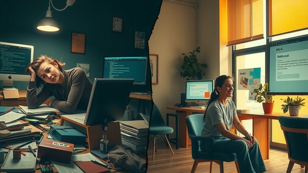 Vertically split-screen image showing the deep transformation of a professional before and after learning to connect Miro to make.com Left side a stressed woman in her early 30s with messy hair and tired eyes sits slouched at a cluttered desk filled with scattered papers sticky notes and multiple screens displaying confusing data and error messages the room is dimly lit with dirty gray brown and blue hues casting sharp shadows from a single overhead light creating a heavy atmosphere of despair frustration and burnout Right side the same woman now calm radiant and confident sits upright in a bright modern office bathed in warm golden natural light wearing a neat casual outfit she interacts joyfully with a large screen showing a synchronized Miro board on make.com surrounded by plants and organized workspace her expression peaceful and inspired conveying ease clarity and empowerment The two halves are divided by a clear vertical fissure with contrasting light and color emphasizing the dramatic shift from chaos to harmony no text symbols or numbers in the scene highly detailed emotional facial expressions and body language conveyed through cinematic realism