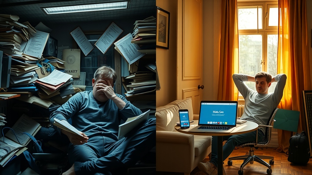 Vertical split-screen image depicting a deep internal transformation of a user struggling to pay for Make.com from Russia in 2025 Left side shows a stressed person in a dim cluttered room with harsh cold side lighting surrounded by chaotic payment attempts on outdated devices documents and anxiety filled notifications in muted dirty grays browns blues and blacks The person appears helpless frustrated and exhausted portraying despair and overwhelm Right side shows the same person in the same pose now relaxed and confident sitting in a bright cozy modern room bathed in warm natural sunlight surrounded by symbols of smooth secure successful payment methods including a laptop with Make.com subscription screen a smartphone confirming payment and helpful notes The colors are warm golden greens and soft pastels Emotions conveyed are calm joy freedom and empowerment The clear vertical border between the harsh cold chaotic world and the warm bright orderly calm world highlights the powerful shift from struggle to success No text or symbols visible in the image