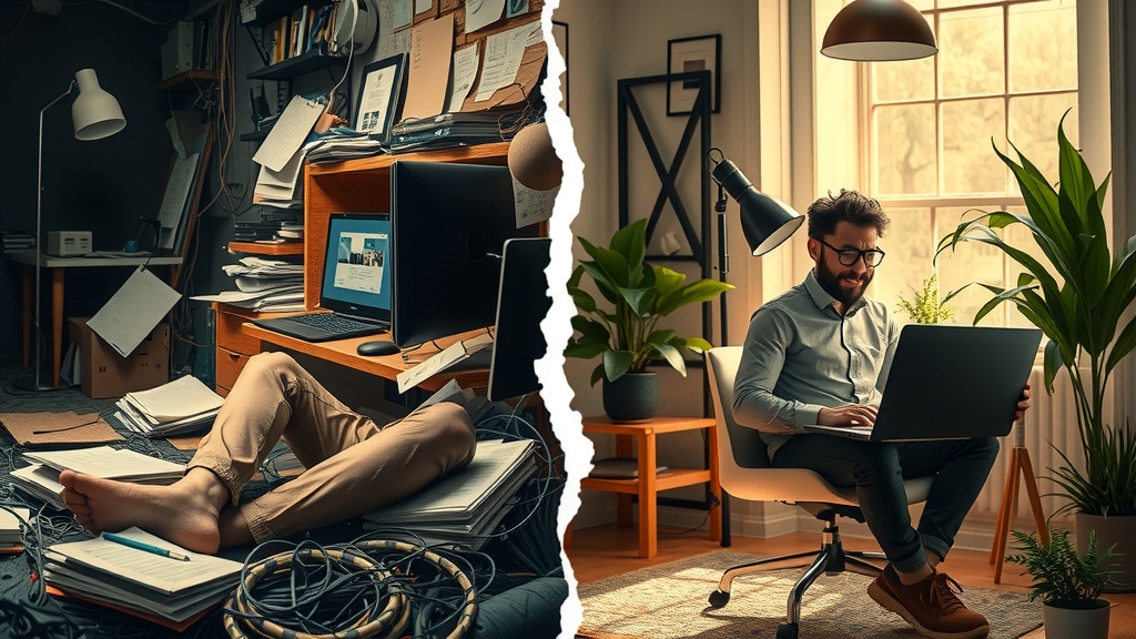 Highly detailed vertical split-screen image showing deep internal transformation of a business owner struggling with automation on the left side and thriving with it on the right side Left side depicts a stressed entrepreneur sitting alone in a dimly lit cluttered workspace filled with tangled cables messy papers and multiple devices showing chaotic notifications his face tired frustrated and anxious colors are muted dirty grays browns dark blues and blacks with low saturation harsh side lighting casting sharp shadows conveying burnout and overwhelm Right side reveals the same person relaxed and inspired sitting confidently in a bright modern office bathed in soft golden natural light surrounded by minimalist decor and green plants interacting happily with automation tools visible on a sleek laptop screen warm pastel tones golden greens and sunlight enhance harmony and energy his expression peaceful joyful and energized the environment orderly cozy and vibrant featuring live details like a steaming cup of coffee a notebook with clear plans and soft textures Vertical clear visual division between two halves represented by a sharp contrast of light and shadow a visible crack like boundary separating chaos and calm maintaining the identical posture and position of the character the scene embodies the journey from despair to empowerment through choosing the right business automation tool