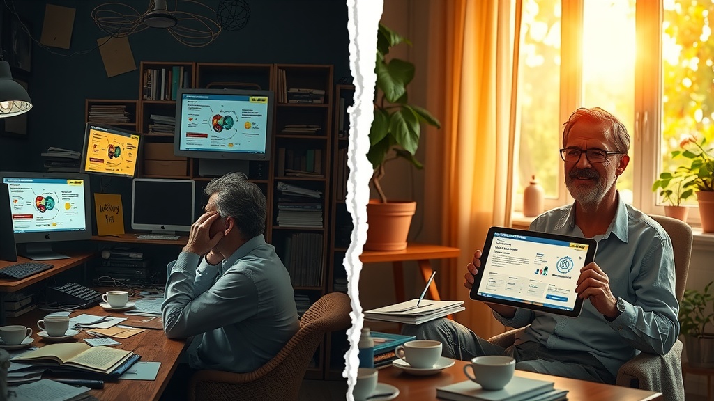 Highly detailed vertical split-screen image powerful contrast Left side a stressed overwhelmed online business owner sitting in a dark cluttered home office with multiple glowing screens showing chaotic webinar notifications and complex funnel diagrams papers scattered coffee stains tired weary expression harsh side lighting emphasizing anxiety and burnout muted gray blue and brown tones chaotic technical overload Right side same person bright and relaxed in a cozy sunlit workspace surrounded by greenery and soft pastel colors warm golden sunlight streaming through the window gentle smile focused peaceful body language holding a tablet displaying a successful online school dashboard children playing in the background natural elements and organized environment symbolizing freedom and success Clear vivid visual dividing line between the two halves a distinct crack of light and shadow no text visible realistic cinematic lighting dramatic emotion transformative scene