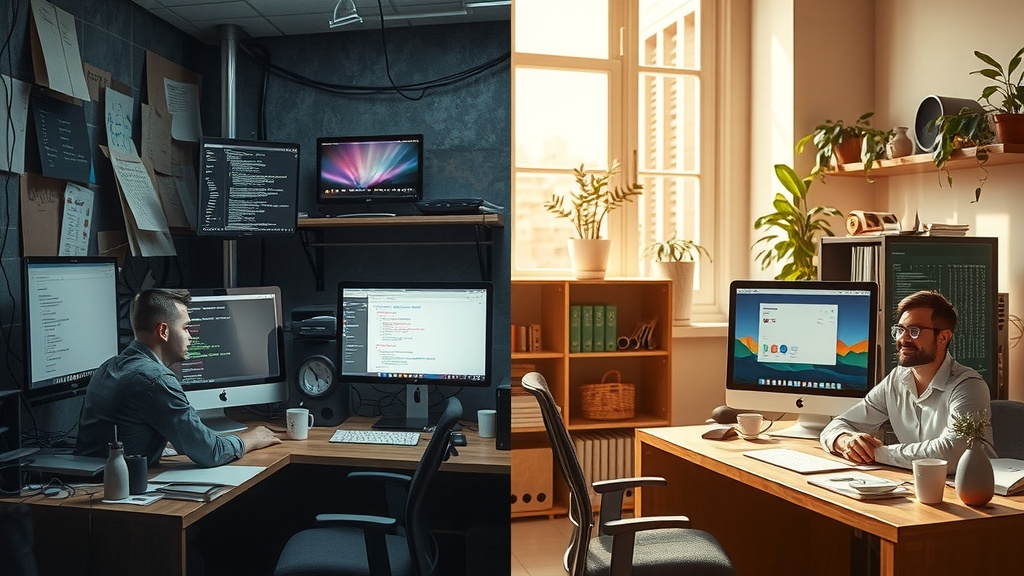 vertical split-screen image communicating deep transformation left side a stressed software developer overwhelmed by chaotic desk cluttered with multiple screens displaying error messages and API code fragments dim cool tones dirty grays blues and blacks harsh side lighting casting stark shadows tired frustrated expression slouched posture tangled cables messy notes coffee stains creating atmosphere of burnout and data vulnerability right side the same developer serene and focused sitting upright in a bright modern workspace bathed in warm golden sunlight soft natural lighting highlights relaxed smile vibrant greens and pastels on screens showing successful automated backup scripts and secure API dashboards environment tidy plants and comfortable decor evoking safety and control clear visual boundary splits the image contrasting chaos with order emphasizing emotional release and professional empowerment no text no symbols no numbers