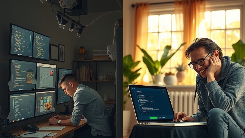 Highly detailed vertical split-screen image showing deep emotional transformation Left side depicts a frustrated and overwhelmed young professional struggling with AI integration tasks chaotic workspace filled with multiple screens showing complex code and confusing interface cold muted colors like dirty gray brown navy and black harsh shadows casting from above to emphasize tension fatigue and anxiety expression tense furrowed brows clenched jaw slumped posture surrounded by scattered papers tangled cables and lonely dark room Right side presents the same person now relaxed inspired and joyful immersed in seamless automation with AI agents bright warm natural lighting illuminating a cozy modern home office filled with greenery and soft pastel tones golden sunlight streaming through large windows the character smiling confidently interacting effortlessly with a sleek interface on the laptop displaying language model integrations vibrant green checkmarks and clear workflows calm open posture and radiant peaceful face atmosphere of harmony productivity and freedom distinct sharp vertical line visually separating the two contrasting emotional worlds without any text symbols or numbers