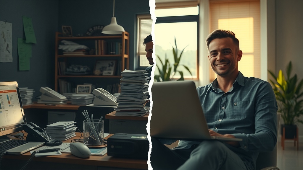 Vertical split-screen highly detailed cinematic scene left side a young professional man overwhelmed and exhausted slumped at a cluttered office desk with multiple ringing phones stacks of disorganized paperwork glowing laptop screens showing chaotic notifications harsh side lighting casting deep shadows muted muddy colors gray brown and dark blue tones symbolizing frustration and burnout isolated in a cramped messy space right side same man calm confident and energized sitting upright in a bright airy modern workspace bathed in warm natural sunlight surrounded by plants and minimalist decor wearing neat casual attire smiling while effortlessly delegating tasks via sleek digital dashboard on laptop soft pastel greens golds and warm light convey peace and control a clear vivid divide between the two halves with a sharp crack of light and shadow representing the transformative shift from chaos and exhaustion to empowered balance and efficiency no text no symbols