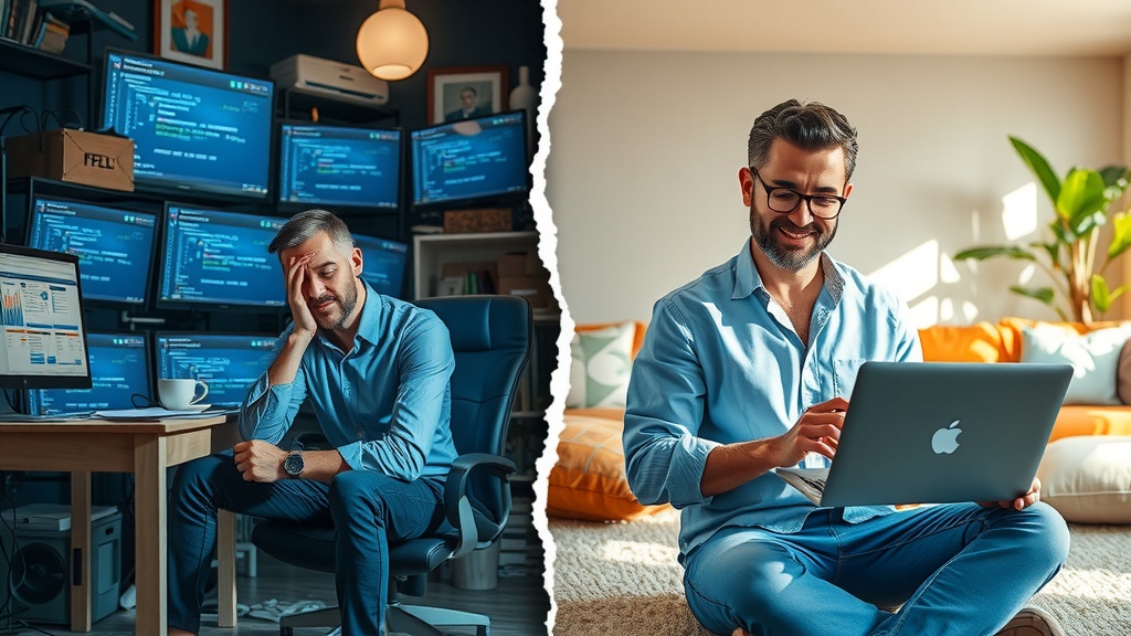 Vertical split image showing deep transformation Left side a stressed entrepreneur in a dim cluttered workspace surrounded by multiple screens showing chaotic notifications and blurry API code fragments cold blue and gray tones harsh side lighting casting strong shadows facial expression exhausted frustrated overwhelmed slumped posture papers and empty coffee cups scattered conveying burnout and chaos Right side the same entrepreneur in a bright minimalistic room bathed in warm natural light golden and pastel greens relaxed smiling focused with neat casual clothes interacting confidently with a sleek laptop displaying a clean Make.com automation dashboard vibrant plant life and soft cushions in background evoking calm and order visual dividing line a distinct crack of contrasting light separating darkness from warmth no text no symbols no numbers realistic highly detailed face emotions clear contrast between despair and empowerment
