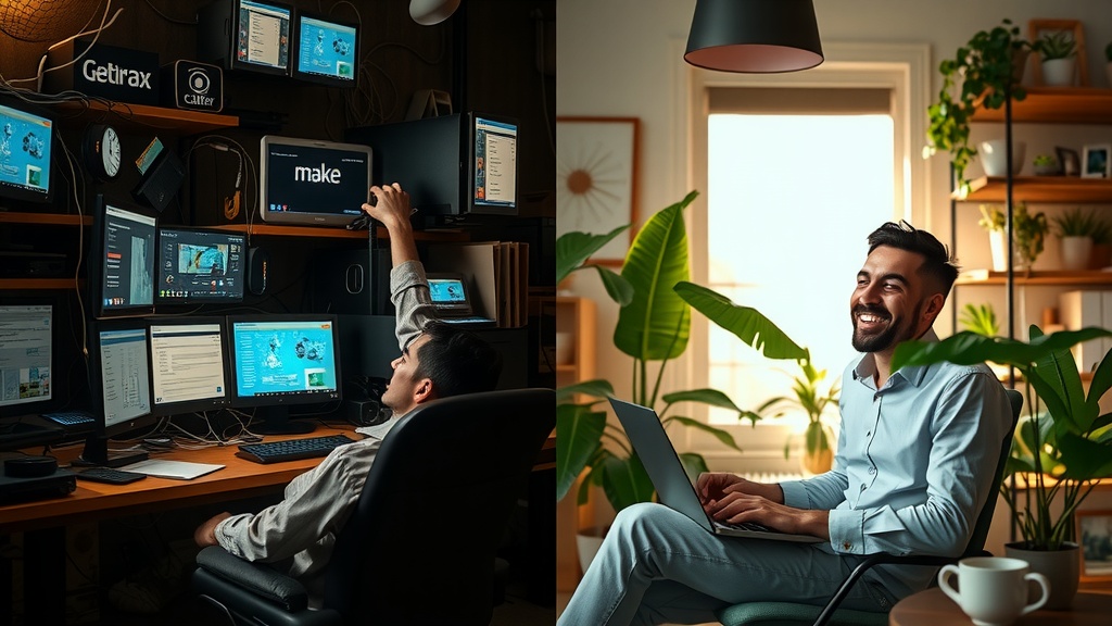 a vertical split-screen image showcasing a deep internal transformation of a business owner managing customer relationships integrated with retailCRM and automation on make.com left side the same person overwhelmed and exhausted sitting in a cluttered dim office surrounded by multiple screens flashing chaotic notifications and tangled cables colors are dull dirty grays browns blues and blacks the harsh side lighting casts sharp shadows the person shows despair frustration and exhaustion body language is slumped with tired eyes the environment feels congested with outdated technology papers mess and loneliness the right side the same person relaxed and joyful in a bright airy modern workspace bathed in soft natural light warm golden pastel tones and greens the person smiling confidently interacting with a sleek laptop displaying the make.com interface surrounded by plants and organized shelves a cup of coffee and family photos nearby conveying peace and balance the visual division between sides is a clear sharp light and color contrast symbolizing breakthrough and renewal no text no symbols no numbers the face details show stress fading into calm serenity the posture transitions from closed and tense to open and inviting the environment contrasts chaos and harmony reflecting mastery over business process automation and client management