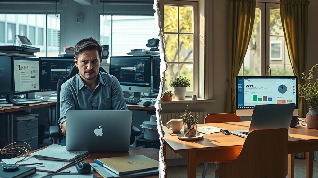 highly detailed vertical split screen image showing deep internal transformation of a digital marketer struggling with Yandex.Direct integration into make.com left side depicts a stressed man in his 30s sitting in a cluttered dark office with cold blue and gray tones sharp overhead lighting highlighting his frustrated expression surrounded by tangled cables messy desk scattered with papers and multiple monitors displaying error messages and confusing interfaces embodying despair exhaustion and overwhelm right side shows same man now calm confident and smiling in a brightly lit cozy home office with warm golden and pastel greens soft natural light streaming through windows he is relaxed working seamlessly on a sleek laptop displaying make.com dashboard smoothly connected to Yandex.Direct enjoying peaceful surroundings with plants and a cup of coffee clear organized desk and a window looking out to a sunny garden the vertical boundary between scenes is a visible crack that splits cold shadow and warm light emphasizing contrast no text no symbols no numbers realistic style cinematic lighting emotional storytelling sharp facial details contrasting colors and environment
