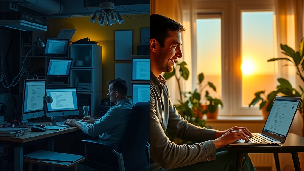 vertical split-screen image showing deep inner transformation of a technology professional seeking to finely tune LLM model parameters for an AI agent in Make.com via API left side depicts the same person overwhelmed and stressed sitting in a dark cluttered home office with multiple screens glowing cold blue and gray light harshly illuminating a chaotic desk filled with tangled cables notes and a frustrated expression showing despair exhaustion and anxiety right side depicts the person relaxed and inspired in a bright cozy room bathed in warm golden and green pastel sunlight smiling confidently while interacting with a clean, modern laptop interface symbolizing successful text generation and integration surrounded by plants and soft natural textures a vivid clear boundary separates the two contrasting worlds emphasizing transformation no text present detailed facial expressions and body language showing tension left and ease right cinematic lighting and high detail realistic style