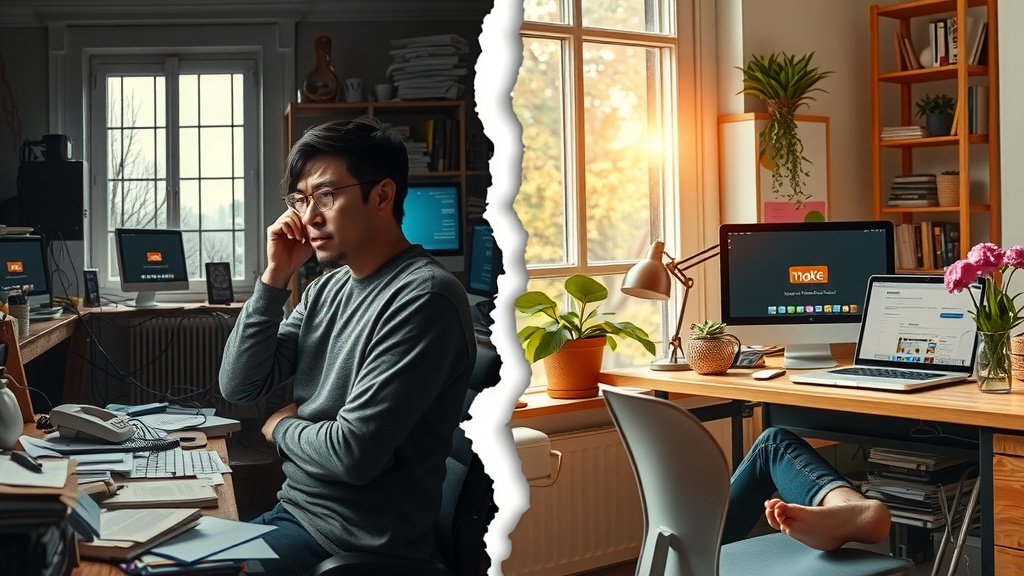 highly detailed vertical split-screen image contrasting before and after transformation left side shows a frustrated marketer in a dimly lit cluttered home office surrounded by scattered papers, tangled cables, an old phone and computer screens flashing error messages cold muted gray, brown and blue tones harsh side lighting emphasizing exhaustion, anxiety and burnout the person slouches with tired eyes and furrowed brow right side depicts the same marketer now calm and confident sitting upright in a bright airy workspace bathed in warm golden sunlight soft pastel colors with green plants and organized desk a laptop screen displays a clean make.com interface connected smoothly to UniSender and sms automation the person smiles relaxed surrounded by family photos and fresh flowers a clear visual crack divides the two halves emphasizing the dramatic shift from chaos and frustration to peace and productivity no text shadows or logos present