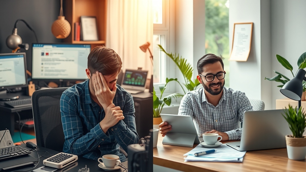 Highly detailed vertical split-screen image showcasing a transformative journey of a content creator struggling with manual social media posting versus successfully automating posts in Telegram and VK using step-by-step instructions Left side depicts a frustrated man in his late 20s overwhelmed by multiple devices showing chaotic screens with notifications, error messages, and tangled cables around him dim cold lighting in dirty gray and muted blue tones creates a sense of pressure anxiety and time loss cluttered workspace with papers and smartphone alerts scattered conveying exhaustion and frustration Right side reveals the same man relaxed and smiling bathed in warm golden natural light sitting comfortably at a tidy wooden desk with a sleek laptop displaying a clean Make.com automation dashboard lush green plants and sunlit window suggest peace and efficiency he holds a cup of coffee calmly while a tablet nearby shows a simple step-by-step guide the background includes harmonious home office elements vibrant pastel colors and soft diffusion capturing relief clarity and productivity a clear vertical sharp divide with contrasting lighting and color tones separates the chaotic despair from the calm success emphasizing inner transformation without any text symbols or numbers