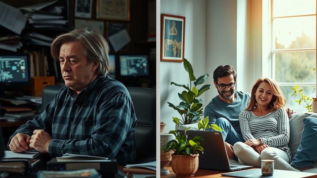 vertical split-screen highly detailed cinematic lighting left side shows a stressed middle-aged person with disheveled hair and tense expression sitting in a cluttered dim office surrounded by overflowing paperwork, multiple glowing screens with chaotic notifications, cold muted tones of grey, brown, blue and black harsh side lighting casting sharp shadows evoking exhaustion, frustration and burnout right side with clear visible boundary shows the same person now peaceful and joyful, relaxed posture, smiling gently in a sunlit cozy living room filled with warm golden and soft green pastel colors natural diffused light highlighting calm and happiness they are spending quality time with family engaged in leisure surrounded by lush indoor plants and harmonious minimalistic decor the visual contrast emphasizes liberation and regained time continuity in character pose face expression and setting no text or symbols