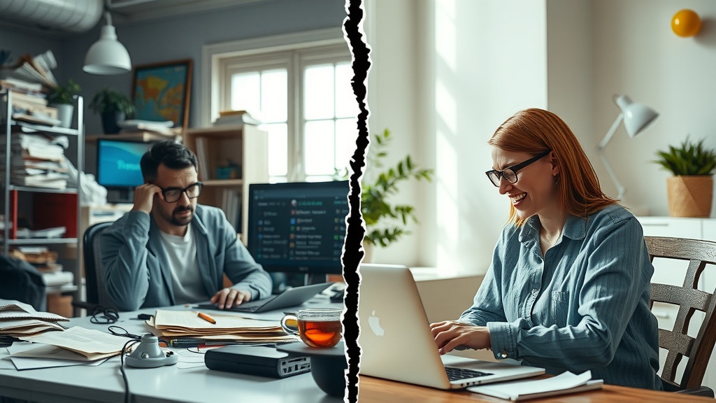 highly detailed vertical split screen image visualizing deep transformation left side showing a stressed and overwhelmed marketing professional in a cluttered dimly lit office with dirty gray brown and blue tones harsh side lighting expressing despair frustration and exhaustion surrounded by scattered papers multiple devices with confused quiz results on screens chaotic cables an atmosphere of anxiety and burnout right side showing the same person now relaxed and joyful in a bright sunlit minimalist workspace with warm golden and green pastel colors soft diffused natural light smiling confidently while efficiently integrating Marquiz with make.com on a sleek laptop surrounded by organized notes a steaming cup of tea and plants conveying peace freedom and energy clear visual separation between the two halves through a sharp color and lighting contrast a thin crack like boundary emphasizing the transformation no text numbers or symbols realistic facial expressions body language showing tense slumped posture transitioning to upright open relaxed pose environment changing from messy tech chaos to orderly natural harmony