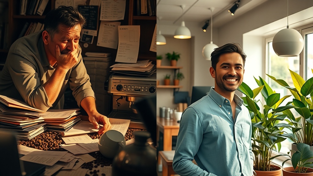 highly detailed vertical split-screen image contrasting before and after transformation of a coffee shop owner left side shows a stressed middle-aged barista in a dimly lit cluttered café office with dirty gray and brown tones overwhelmed by chaotic paperwork order slips spilled coffee beans and old coffee machines with harsh side lighting casting deep shadows expressing frustration burnout and anxiety right side shows the same barista now relaxed happy and inspired bathed in warm golden sunlight in a tidy bright modern coffee shop surrounded by thriving coffee plants digital screens displaying loyalty program stats pre-order management and grain inventory software smiling interacting with satisfied customers calm and energetic atmosphere with soft pastel greens and warm sunlight clearly dividing line visually separating the dark chaotic struggle from bright organized success no text symbols or numbers realistic facial details and open body language conveying the emotional journey from stress to empowerment natural lighting on right side contrasting with harsh shadow on left side vibrant life on right side contrasting with dullness and disorder on left side