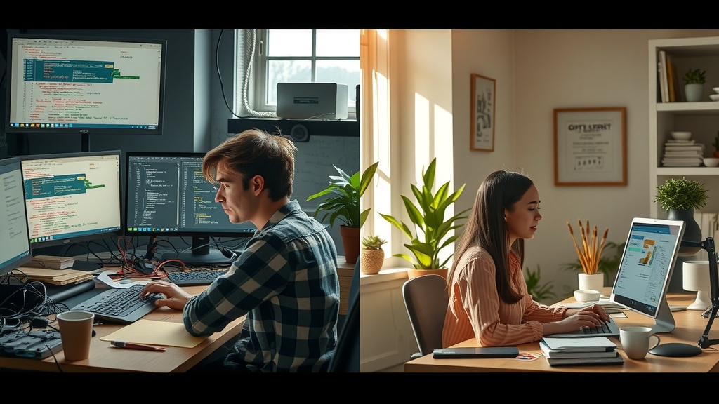 Vertical split-screen highly detailed cinematic image on the left a stressed young professional struggling with complex automation tasks on Make.com chaotic workspace with multiple screens showing code errors and confusing variable lists dark and muted colors dirty grays browns and blues harsh side lighting conveying frustration exhaustion and overwhelm cluttered with tangled cables papers and coffee cups right side the same young professional relaxed calmly optimizing automation effortlessly with soft natural sunlight warm golden and pastel tones sitting in a neat minimalistic office surrounded by plants and natural elements gentle smile focused on screen showing intuitive no-code variable management interface clear organized workspace vibrant and peaceful atmosphere a sharp visible vertical divide contrasting shadow and light separating the two emotional and visual worlds no text no symbols no numbers