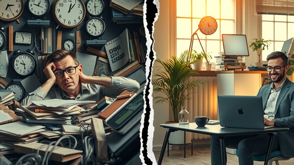 a powerful vertical split-screen image depicting deep internal transformation of a business owner overwhelmed by time leaks in their workflow on the left side a stressed, frustrated person surrounded by chaotic clutter of papers, multiple devices with overlapping notifications, clocks showing passing time, dull gray and brown tones with harsh side lighting casting sharp shadows facial expression showing exhaustion, anger and anxiety the room cramped, messy, with tangled cables and stacks of unfinished tasks the right side reveals the same person feeling liberated and joyful working efficiently in a bright, orderly office bathed in warm golden sunlight soft pastel colors and lush green plants around a clean desk with a neat laptop screen displaying automated workflow tools peaceful, confident smile relaxed body language natural daylight filtering gently through large windows the vivid visual crack dividing the two halves symbolizes the shift from chaos to harmony the character remains seated in the same posture highlighting the stark contrast between stress and productivity no text symbols or numbers in the image sharp contrast in lighting and color palette enhances the emotional narrative