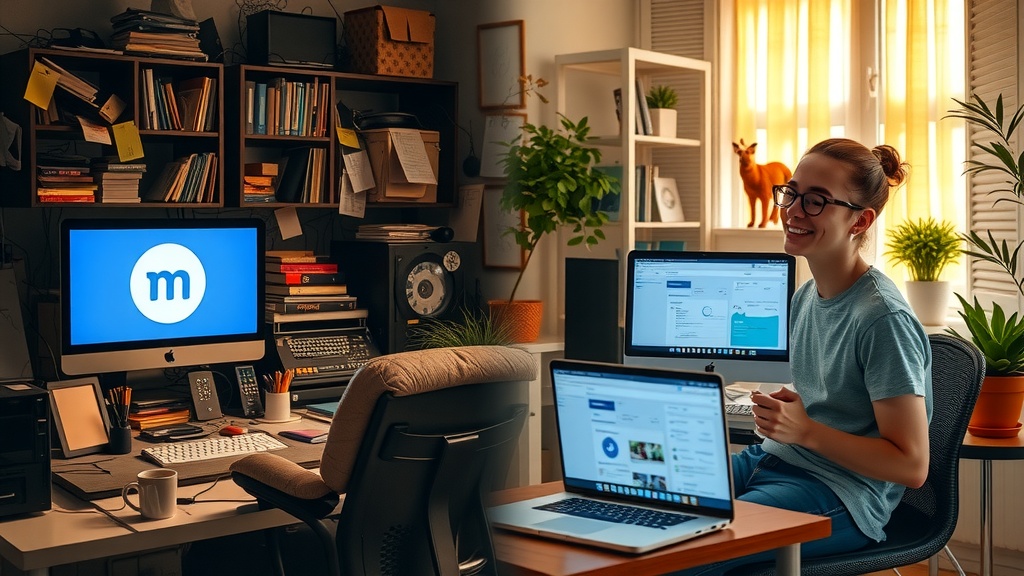Highly detailed vertical split-screen image illustrating deep transformation Left side shows a stressed young social media marketer surrounded by multiple glowing screens in a dark cluttered home office with dirty gray brown and blue tones low saturation harsh dim light hitting from above messy sticky notes scattered with Russian VKontakte logos on screen expressions of frustration exhaustion and anxiety Right side shows the same person now relaxed and joyful bathed in warm golden sunlight sitting in a cozy bright minimalistic room decorated with plants and soft pastels using a laptop displaying Makecom dashboard connected to Senler calm confident smile natural diffused lighting with family photos and a cup of coffee on the table visible clean environment clear visual boundary between the two halves representing contrast between overwhelm and automation success Emphasize facial expressions posture change lighting contrast and clutter versus order no text symbols or numbers in image