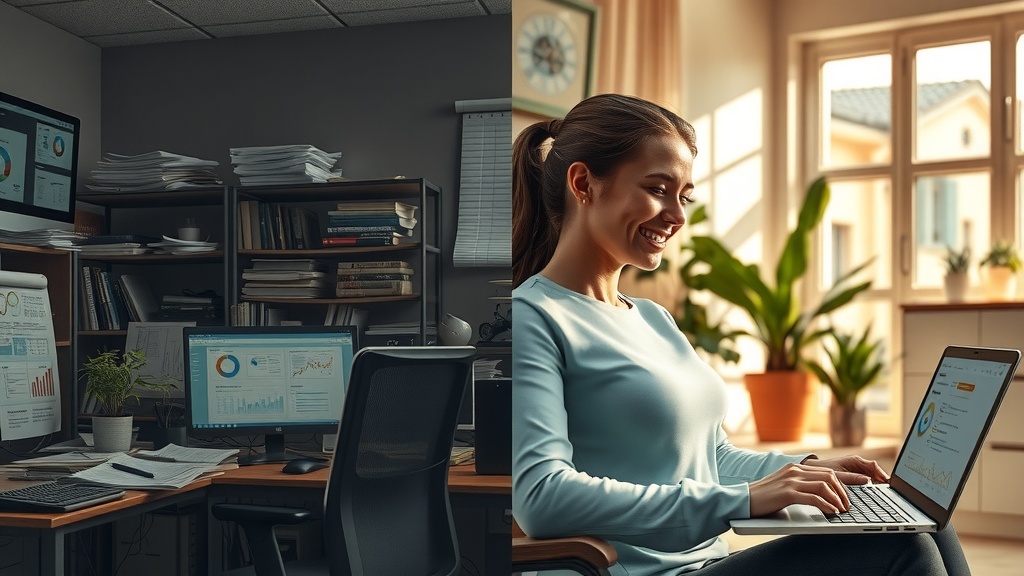 Vertical split-screen highly detailed realistic digital artwork strong visual contrast left side a stressed overwhelmed professional woman in a dimly lit messy home office with cluttered desks overflowing with papers multiple monitors showing chaotic dashboards dull gray brown and blue tones side lighting casting harsh shadows her face tired frustrated anxious expressing burnout and pressure right side the same woman relaxed and happy in a bright sunlit calm modern workspace surrounded by organized plants soft pastel golden and green colors natural diffused light illuminating her smiling face and open posture she is confidently using a sleek laptop displaying an intuitive API integration dashboard with smooth flows around her warm cozy environment with family photos and nature visible through large windows a clear sharp visual division splits the two worlds symbolizing transformation from chaos to harmony no text no symbols no numbers realistic facial details expression and body language vivid environment details