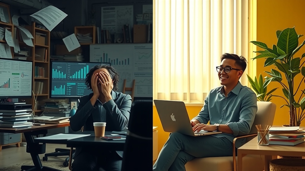 highly detailed vertical split-screen image showing deep internal transformation left side depicts a stressed professional overwhelmed by data overload sitting in a cluttered dim office with dirty gray blue and brown tones harsh cold light casting sharp shadows their face shows exhaustion frustration and anxiety papers charts and multiple screens displaying chaotic data streams surround them right side shows the same person calm and joyful in a bright airy room filled with warm golden green pastel colors bathed in soft natural sunlight they work seamlessly on a laptop connected to Google Sheets on make.com surrounded by organized notes and plants embodying peace control and inspiration the vivid dividing line between halves emphasizes stark contrast between chaos and harmony no text symbols or numbers realistic facial expressions and body language depicting despair and relief detailed environment revealing transition from disorder to clarity
