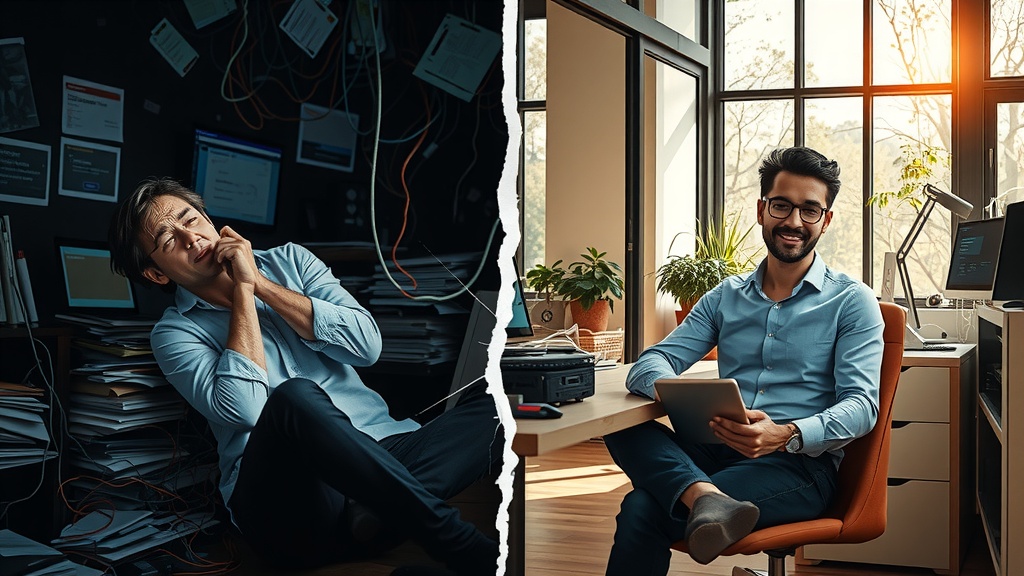 vertical split screen image illustrating deep transformation through double loop learning in automation left side shows a stressed professional in a dimly lit cluttered office filled with tangled wires, scattered papers, and multiple screens with error messages and alerts the person appears frustrated, exhausted, and overwhelmed wearing wrinkled clothes with unkempt hair harsh cold side lighting emphasizing shadows and chaos the background is filled with disorder and technical glitches conveying confusion and repetitive mistakes right side displays the same professional now serene and inspired seated comfortably in a bright, airy well-organized workspace surrounded by greenery and natural light soft warm sunlight filtering through large windows illuminating a clean desk with a single sleek laptop showcasing a smooth automation dashboard the person smiles peacefully with relaxed posture and confident expression wearing casual neat attire interacting gently with a tablet showing skill improvement and system upgrades a clear distinct visual divide with cracked glass effect separates the two contrasting worlds highlighting transition from burnout and error to clarity and mastery no text symbols or numbers visible detailed facial expressions body language and environmental elements capture the emotional journey from struggle to empowerment