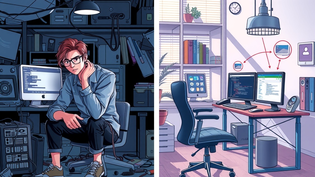 vertical split-screen illustration left side depicts a stressed young software developer in a cluttered dimly lit workspace with cold blue and gray tones messy desk with tangled cables multiple screens showing error messages and disconnected APIs expression shows frustration and confusion harsh sidelighting casting sharp shadows right side shows the same developer now relaxed and focused in a bright airy modern office bathed in warm natural light soft pastel colors organized workspace with a single sleek monitor displaying smooth webhook and API integration dashboards smiling gently hands composing code with confidence surrounded by symbols of seamless connection like flowing light lines between devices clear visual vertical boundary between chaos and order the character remains seated in the same position but with transformed emotions and environment conveying deep understanding and mastery of real-time webhook and API usage no text no symbols no numbers
