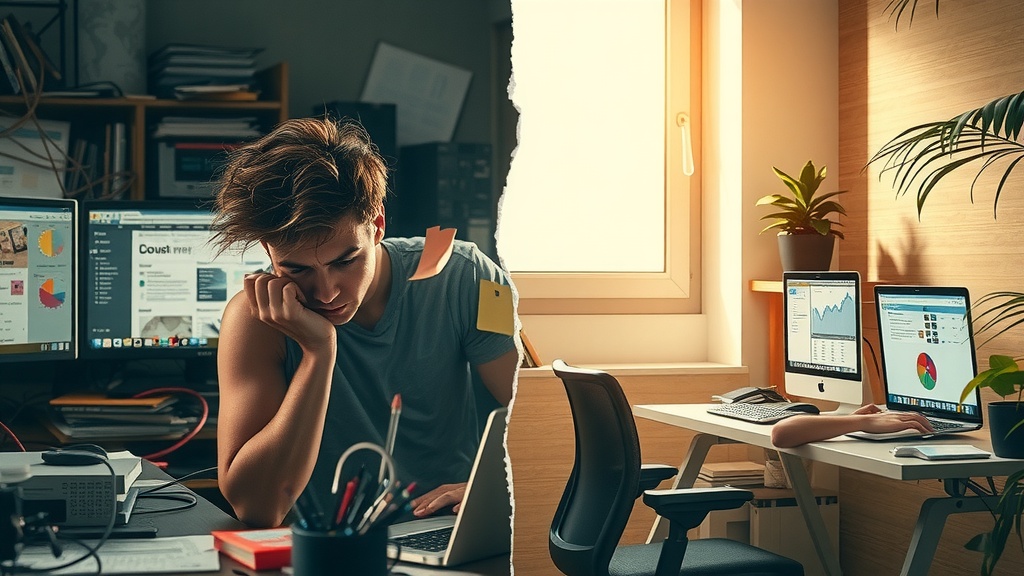 Vertical split-screen highly detailed cinematic scene on left a frustrated young professional sitting at a cluttered desk overwhelmed by tangled wires multiple screens with chaotic, disorganized Make.com interface elements dull grey, brown, and blue hues dim side lighting casting sharp shadows anxious expression furrowed brows messy hair scattered papers and sticky notes chaotic background conveying stress exhaustion and confusion on right the same young professional calm and focused in a bright airy room bathed in warm golden natural light wearing neat casual clothes gently organizing a neat workstation with a clean, colorful Make.com dashboard visible on the laptop screen surrounded by green plants soft pastels and sunny tones smiling relaxed posture open window with gentle nature view symbolizing clarity order and productivity clear visual dividing line like a crack of light separating the two halves no text no symbols no numbers