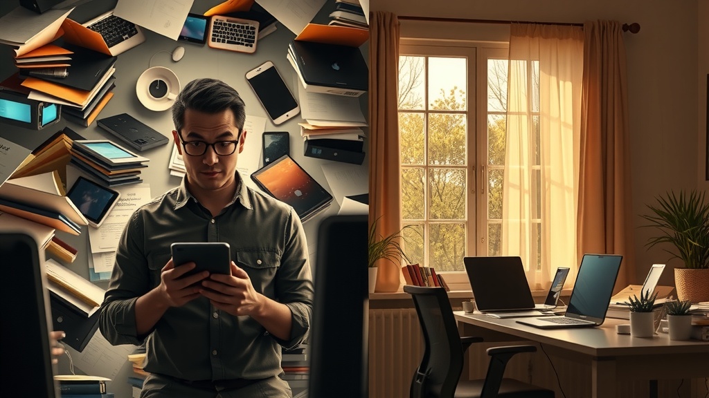 vertical split-screen image left side chaotic office with overwhelmed person mid-30s surrounded by multiple shiny gadgets glowing with distracting lights papers scattered everywhere face showing frustration exhaustion and inability to focus colors muddy grays browns blues dim harsh light casting deep shadows feeling lost anxiety cluttered environment right side same person calm and composed sitting at a neat desk minimal tech devices gently glowing warm golden natural light streaming through large window smiling relaxed peaceful expression color palette soft pastels greens golds illustrating clarity and focus serene environment with plants and cozy home vibe clear visual boundary between the two halves sharply contrasting light and color emotions and setting no text no symbols no numbers