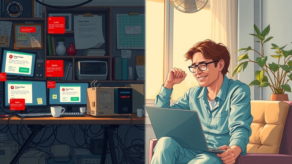 Highly detailed vertical split-screen illustration showing a deep internal transformation of a user struggling with Make.com automation errors Left side depicts a frustrated and exhausted individual in their late 30s sitting slumped at a cluttered workstation filled with multiple screens flashing error messages and red alerts cables tangled around their hands dim cold lighting casting harsh shadows over a messy room with scattered papers and empty coffee cups evoking anxiety confusion and digital overwhelm Colors dominated by dirty grays muddy browns dark blues and blacks Right side presents the same person now calm confident and joyful dressed in comfortable casual clothes bathed in warm golden natural light sitting relaxed in a tidy sunlit room surrounded by lush indoor plants and peaceful window views engaging happily with their laptop displaying a smooth Make.com workflow green checkmarks indicating successful automation The scene radiates relief harmony and productivity with soft pastel greens warm golds and bright soothing tones a clear dividing boundary visually separates the chaotic dark left from the serene bright right symbolizing a breakthrough from complexity to clarity the individual’s expression changes from tense and stressed to smiling and inspired providing a powerful visual narrative of conquering automation errors mastering debugging techniques and restoring operational flow