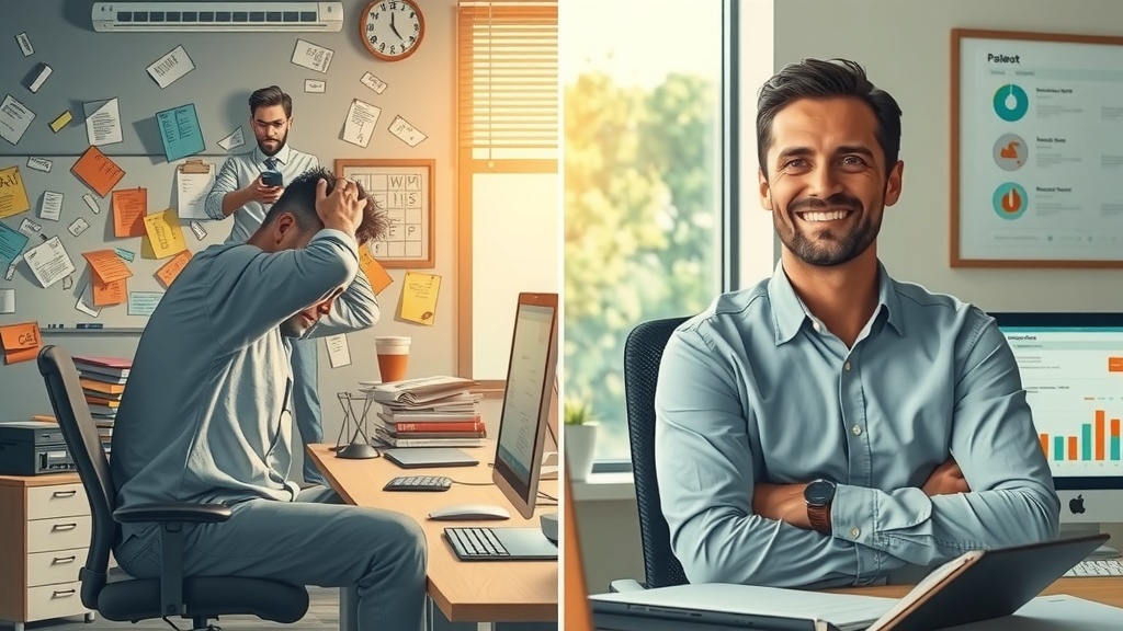 highly detailed vertical split-screen illustration showing before and after transformation of a stressed team leader struggling with task delegation on the left side and relaxed efficient manager enjoying streamlined automated delegation on the right side left side depicts a weary individual surrounded by chaotic cluttered office space with scattered papers chaotic whiteboard deadlines and multiple ringing devices harsh cold side lighting with muted dirty gray brown and blue tones heavy shadows conveying exhaustion frustration and anxiety right side features the same person calm smiling confident sitting in a bright modern workspace with warm natural sunlight soft pastel green and gold hues minimalistic desktop displaying a clear and organized digital dashboard automated task delegation flowing smoothly in the background team members happily collaborating or nature scene visible through window symbolizing harmony balance and productivity vivid facial expressions showing fatigue turning into peace and inspiration the clear sharp vertical dividing line emphasizes the dramatic contrast between overwhelm and empowerment no text no symbols no numbers