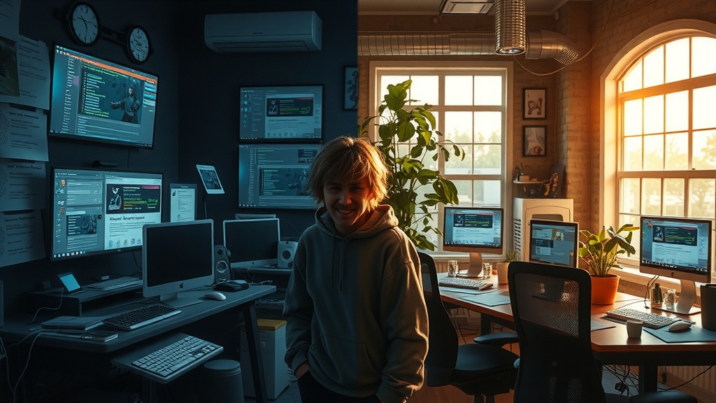 vertical split-screen hyper-detailed image cinematic lighting left side shows a stressed game developer in a dark cluttered office surrounded by multiple monitors displaying chaotic task lists bugs alerts and overflowing community chat notifications the character looks exhausted frustrated with messy hair wearing casual clothes the room is filled with cold dull gray and blue tones harsh side lighting casting deep shadows conveying pressure and burnout right side depicts the same game developer now calm relaxed and smiling in a bright airy studio bathed in warm golden light sunlight streaming through large windows the workspace is organized with green plants and neatly arranged tech the screens show streamlined automation dashboards tracking tasks bug reports and community messages the developer interacts happily with a small group of diverse team members in a friendly atmosphere colors shift to pastel greens golds and warm hues the distinct sharp visual divide between the two halves highlights transformation from overwhelm to harmony and control no text no symbols no numbers