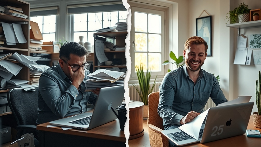 vertical split screen image showing transformational contrast left side a stressed entrepreneur overwhelmed by chaotic paperwork and multiple unorganized devices including a laptop with cluttered screens cold muted colors dirty grays blues and browns harsh side lighting casting deep shadows expression of frustration anxiety and burnout isolated in a cluttered dim office right side same entrepreneur relaxed and inspired sitting in a bright airy modern workspace surrounded by natural light with warm golden hues pastel greens and soft sunlight smiling confidently at a clean organized laptop screen displaying Make.com and AmoCRM interfaces seamless integration visible calm and productive mood nature elements like plants and windows open to sunlight visible clear visual crack dividing the two halves emphasizing transformation from chaos to harmony no text symbols or numbers realistic detailed facial expressions and body posture showing stress on left and ease on right background clutter decluttered with technological tools replaced by cozy natural surroundings and family photos on right side