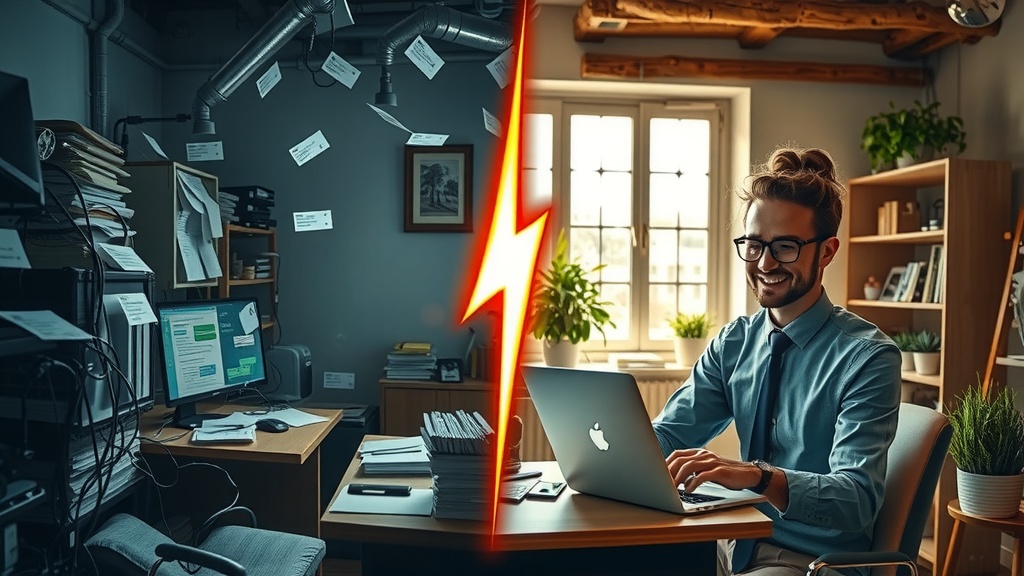 High detail vertical split-screen image showing deep transformation Left side depicts a stressed business owner in a dimly lit cluttered office overwhelmed by endless WhatsApp message notifications on multiple devices chaotic cables and papers scattered around cold muted gray blue and black tones harsh shadows casting a somber mood the person with tired eyes slouched posture and clenched fists embodying frustration anxiety and burnout Right side features the same business owner bright and energized in a sunlit cozy workspace with natural wooden elements vibrant green plants and warm pastel colors soft diffused golden light illuminating a relaxed smiling face and confident upright posture actively engaging with WhatsApp Business API on a sleek laptop surrounded by harmonious organized desk elements pets or family photos symbolizing balance and joy a clear visual division in the center with a jagged energetic light beam separating the two contrasting worlds emphasizing struggle versus liberation no text or symbols present realistic facial expressions detailed environment conveying profound emotional journey from chaos to calm
