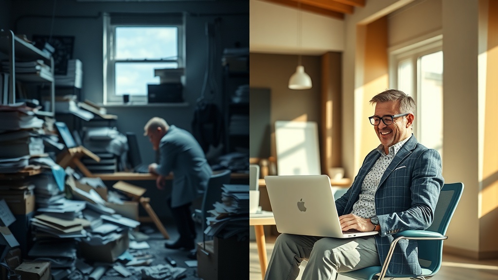 Vertical split-screen image showing a business leader transformation Left side depicts a stressed middle-aged man overwhelmed and isolated in a dimly lit cluttered office with cold blue and gray tones papers and digital devices scattered messy his expression shows frustration exhaustion and anxiety harsh side lighting casts deep shadows emphasizing chaos Right side shows the same man relaxed confident and rejuvenated sitting in a bright warm sunlit modern workspace with soft golden and green pastel colors he smiles as he reviews a clear strategic plan on a sleek laptop surrounded by calm organized tools and thriving team members behind him natural light floods the room conveying peace and empowerment sharp vertical line distinctly separates the two contrasting worlds symbolizing his breakthrough from bottleneck stress to total delegation freedom no text symbols or numbers present