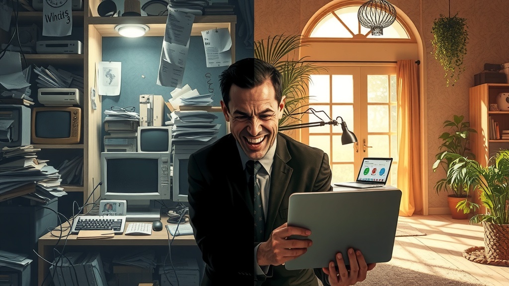 vertical split screen illustration showing deep internal transformation of a person on left side a stressed professional in a dimly lit cluttered workspace overwhelmed by chaotic paper piles old computers with flickering screens and tangled wires colors muted dirty grays browns blues and black mood heavy and oppressive with harsh side lighting casting sharp shadows expression shows exhaustion frustration and entrapment on right side same person relaxed and joyful in warm sunlit cozy modern home office surrounded by green plants and natural wood textures soft pastel and golden hues convey peace and optimism natural diffuse lighting highlights a serene smile and open posture engaged happily with a sleek laptop displaying a dynamic data dashboard atmosphere calm organized and inspiring clear distinct visual boundary between the two halves emphasizing contrast between despair and renewal no text sharp realistic details in facial expressions environment and lighting