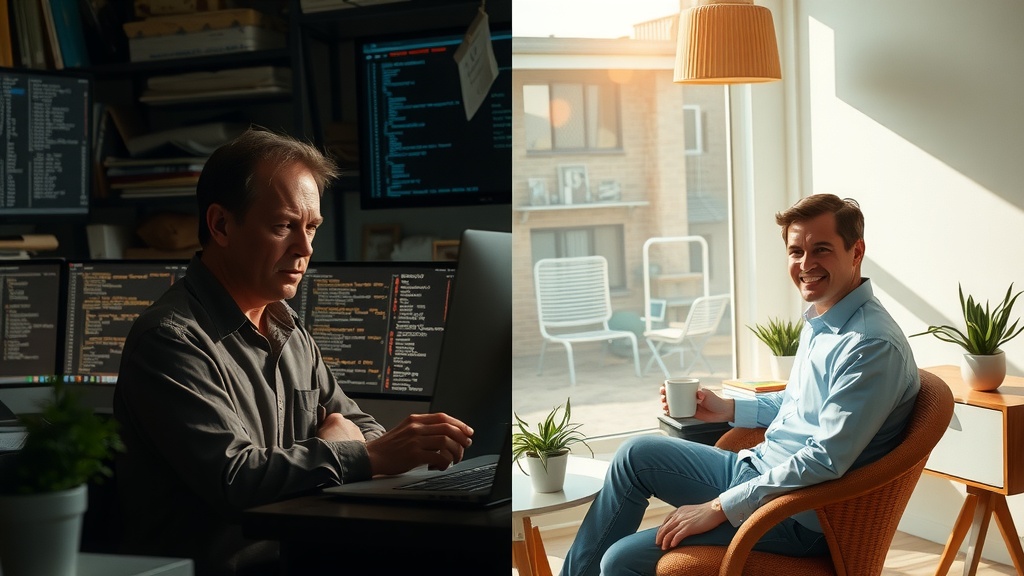 highly detailed vertical split-screen image visually divided into two contrasting parts left side before a stressed programmer in a dim cluttered office with harsh side lighting wearing wrinkled clothes frustrated and overwhelmed surrounded by multiple screens filled with chaotic API call logs and error messages dull muted colors like dirty gray brown blue and black conveying despair exhaustion and anxiety right side after same programmer in a bright airy room bathed in natural warm sunlight relaxed smiling and confident dressed neatly engaging with a clear clean dashboard displaying optimized Make.com automation workflows vibrant warm golden pastel greens showing peace freedom and inspiration sitting comfortably with a cup of coffee in a neat space decorated with plants and soft textures sharp clear vertical separation line visually dividing the chaotic dark overloaded world on the left from the serene efficient bright environment on the right no text no symbols no numbers realistic style cinematic lighting detailed facial expressions and body language capturing emotional transformation