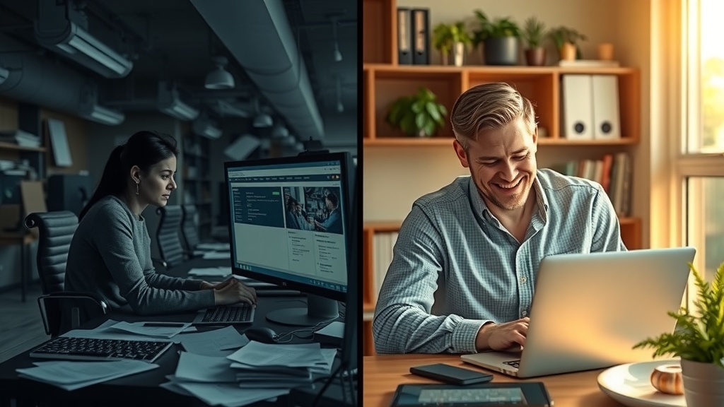 vertical split-screen image showing deep internal transformation left side chaotic office environment with dim cold lighting and dull gray blue black colors a stressed HR manager in their 30s with a weary expression sits surrounded by scattered papers computer screens flooding with complex user management data and error notifications signs of frustration and burnout pervasive shadows and disorder right side bright warm home office or peaceful outdoor setting bathed in soft golden sunlight rich greens beige and pastel colors the same HR manager now smiling relaxed confident and inspired interacting seamlessly with a streamlined Make.com interface on a sleek laptop surrounded by happy colleagues or family warmth order and harmony gentle natural light illuminates serene facial features and calm posture distinct visible boundary between two halves emphasizing transition from overwhelming complexity and emotional strain to efficient empowerment and joyful control no text symbols or numbers present realistic detailed emotional expression and textured environments