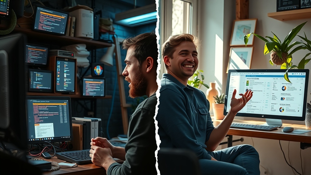 Highly detailed vertical split-screen image illustrating deep transformation of a person struggling with managing webhooks automation on left and thriving with ease on right Left side depicts a stressed mid-30s IT professional overwhelmed by chaotic screens filled with flashing Make.com webhook errors and notifications in a dim cluttered office using dirty gray brown and blue tones harsh side lighting harsh shadows on face conveying frustration burnout and exhaustion posture tense fists clenching mess of tangled cables and scattered papers feeling trapped and anxious Right side shows same person relaxed smiling with open posture in a sunlit bright clean home workspace surrounded by nature greenery and soft pastel warm sunlight golden tones natural diffused light the Make.com webhook dashboard shows streamlined lifecycle management on large screen calm confident expression joy and ease in eyes cozy organized environment and gentle family presence visual vertical crack distinctly separates the stressed dark chaotic world on left from the peaceful bright ordered on right no text no symbols no numbers hyper realistic cinematic style