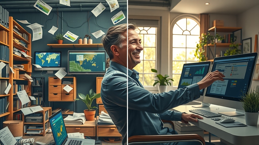 highly detailed vertical split-screen image showing deep internal transformation of a logistics manager left side depicting a stressed middle-aged man in a dimly lit cluttered office overwhelmed with chaotic paperwork tangled cables multiple screens flashing notifications and maps his face showing exhaustion frustration and anxiety colors muted grays browns and blues with harsh side lighting casting sharp shadows conveying a sense of burnout and disorder right side depicting the same man relaxed and confident in a bright modern workspace with soft natural light streaming through large windows smiling as he smoothly operates automated logistics software on a sleek computer multiple digital displays showing real-time cargo tracking efficient driver coordination and organized document flows warm golden and green pastel tones enhance feelings of calm clarity and control the background features orderly shelves plants and a window revealing peaceful nature outside a clear vertical visual split emphasizing contrast between chaos and harmony the character’s expression and posture shift from tense and hunched to open and at ease no text or symbols present content focuses on subtle facial details comfortable clothing and harmonious environment to symbolize transformation through automation in logistics management