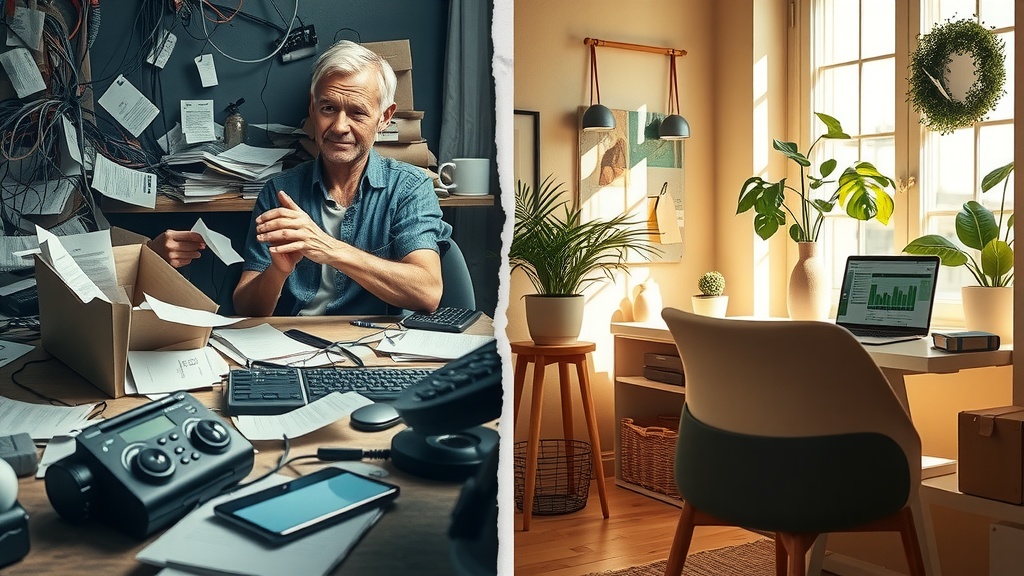 Highly detailed vertical split-screen image showing deep internal transformation in a single e-commerce entrepreneur managing orders with Ozon and Make.com integration Left side strong visual pressure chaotic cluttered workspace with multiple devices paper receipts scattered stressed exhausted frustrated face dark dirty grey brown and blue tones harsh dim side lighting conveying anxiety burnout and overwhelm The background is messy with tangled wires and unopened packages Right side absolute visual and emotional relief same person now calm happy inspired sitting relaxed in a bright sunlit modern home office tidy workspace with laptop showing Make.com dashboard warm golden green pastel colors natural diffused sunlight soft shadows smiling face open posture surrounded by plants and neatly packed boxes The division between scenes is a sharp vertical crack with contrasting light and color representing transformation No text symbols or numbers in image