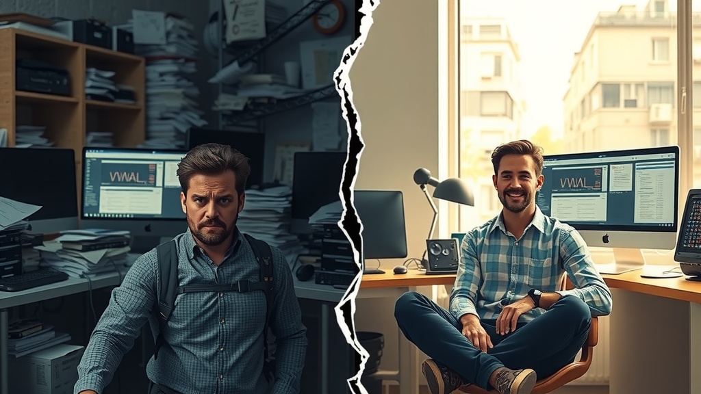 Highly detailed vertical split-screen image showcasing deep internal transformation centered around managing large data volumes with Make.com API On the left side the scene depicts a stressed overwhelmed software developer in a dimly lit cluttered office space with chaotic piles of paper printouts monitors displaying endless scrolling data and error messages face showing frustration exhaustion and anxiety harsh grey brown and blue tones with low saturation sharp dim side lighting conveying pressure and burnout On the right side the same developer appears calm relaxed and confident sitting upright in a bright airy modern workspace bathed in warm natural sunlight surrounded by organized dual monitors displaying clean paginated API calls and filtered data dashboards a smiling expression of satisfaction and inspiration warm golden green and pastel colors with soft diffused light evoking serenity and energy The vertical boundary between sides shows a clear visual crack representing the divide between chaos and order Both versions show the identical person frozen in the same posture highlighting the profound emotional and environmental shift No text symbols or numbers in the image
