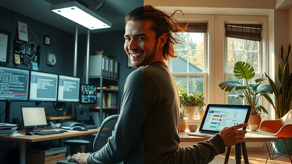 Vertical split-screen image showcasing a deep transformation of a mid-30s tech professional for an audience struggling with AI agent context management on Make.com Left side shows the same person overwhelmed and frustrated sitting in a dim, cluttered workspace filled with multiple screens displaying chaotic, conflicting AI outputs and error messages the lighting cold harsh and coming from an overhead fluorescent fixture the colors are desaturated grays browns and blues with heavy shadows the person's expression is exhausted anxious and irritated with messy hair and tense posture the background chaotic with tangled cables and sticky notes scattered everywhere Right side shows the same individual now calm confident and inspired seated in a bright, airy room with natural sunlight streaming through large windows in warm golden and pastel tones they are smiling relaxed holding a tablet showing a clean, organized Make.com automation dashboard surrounded by plants and minimalistic decor a cup of coffee on the desk their hair neatly styled and body language open and at ease the scene conveys harmony clarity and control a sharp clear vertical division with contrasting color grading and lighting separates the two halves no text or symbols included