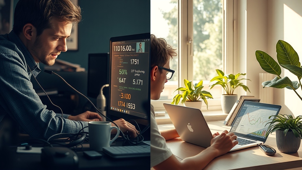 Highly detailed vertical split-screen image illustrating deep inner transformation of a data analyst in Russia Left side grim scene depicting a stressed young man overwhelmed by dark technical equipment and multiple screens with indecipherable code crowded on a cluttered desk filled with tangled wires papers and half-empty coffee cups dim cold blue gray and brown tones heavy shadows from harsh overhead lighting his face showing exhaustion anxiety and frustration embodying ethical uncertainty and data privacy concerns Right side warm vibrant setting showing the same man relaxed and enlightened sitting by a large sunlit window in a serene home office surrounded by lush green plants soft natural sunlight filling the room with golden and pastel hues his expression calm content and inspired as he reviews clear transparent data flows on a single modern laptop neat minimalist workspace symbolizing clarity ethical practices and freedom from chaos a vivid crisp visual dividing line sharply contrasting shadow and light separating the two worlds no text no symbols no numbers realistic style cinematic lighting emotions of despair versus relief detailed facial expression and body language focus on internal conflict and resolution