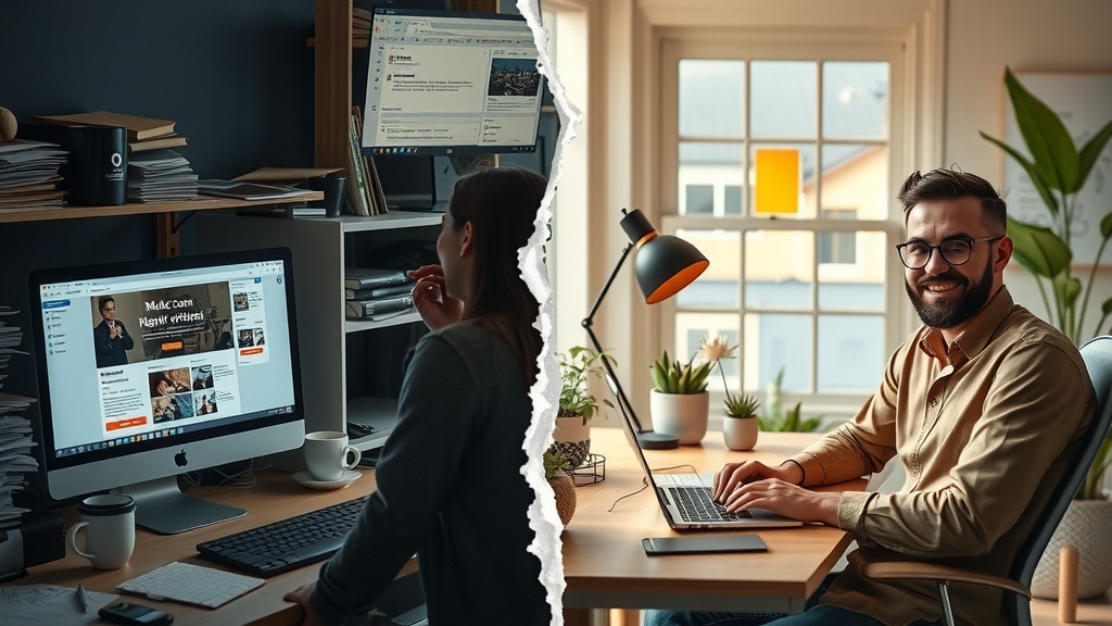 highly detailed vertical split image cinematic lighting left side a stressed frustrated young professional overwhelmed by multiple open tabs and notifications on computer screen messy desk cluttered with papers and coffee cups dim harsh light casting deep shadows cold gray blue and brown tones expressions of anxiety exhaustion and irritation chaotic home office right side same person calm and confident smiling relaxed sitting in a bright airy modern workspace warm natural sunlight flooding room surrounded by plants and clean organized desk laptop screen displaying Make.com dashboard with automation settings user happily sending invitations to new users warm golden green pastel colors feelings of relief freedom and inspiration vivid facial expressions clear posture visual crack separating two scenes no text no symbols no numbers