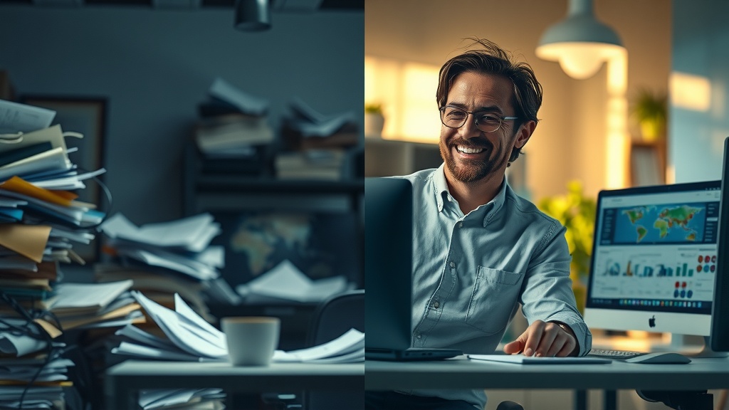 Highly detailed vertical split-screen image showing deep internal transformation of a business user Left side stressed middle-aged man sitting in a dimly lit cluttered office surrounded by piles of paper documents and tangled cables looking overwhelmed frustrated and exhausted harsh cold blue and gray tones low saturation sharp side lighting chaotic environment evoking anxiety and burnout Right side same man now relaxed and smiling illuminated by warm natural sunlight in a tidy modern workspace interacting with a sleek computer screen displaying a clean Make.com integration interface vibrant warm golden and pastel greens soft diffuse lighting surrounded by greenery and organized shelves embodying calm and productivity clear visual division between the two halves a sharp line symbolizing contrast between chaos and harmony reflecting successful automation transformation no text no symbols no numbers realistic face details emotions posture environment