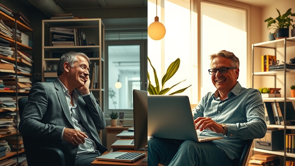 vertically split image showing deep transformation of a business professional seeking operational analytics in Make.com left side depicts the same man overwhelmed and stressed sitting in a cluttered dim office with dirty gray brown and blue muted tones harsh side lighting his face showing despair frustration and exhaustion surrounded by chaotic piles of papers multiple blinking devices notifications chaos and loneliness right side shows the same man revitalized peaceful and confident in a bright sunlit minimalist workspace warm golden and green pastel colors soft natural diffused light his expression relaxed smiling engaged in automating business processes on a sleek laptop with Make.com interface visible two smiling colleagues or happy family members nearby abundance of plants clean organized environment visual division between sides using a sharp contrasting light and color break symbolizing transformation no text no symbols no numbers realistic detailed face emotions and body language clear visual boundary between despair and renewal