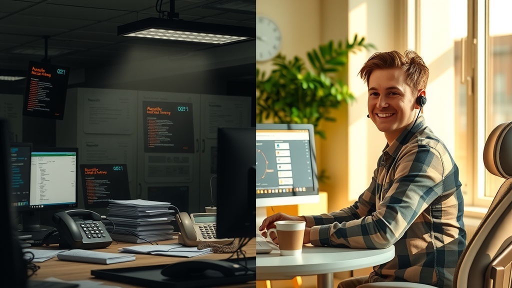 vertical split-screen image depicting deep transformation left side shows a stressed customer support agent overwhelmed by ringing phones and multiple screens with error messages and chaotic data in a dimly lit cramped office space filled with scattered papers dull gray brown and blue tones harsh overhead lighting expression of frustration exhaustion and anxiety right side shows the same agent relaxed and confident smiling surrounded by warm golden natural light in a bright organized modern workspace with a sleek computer displaying automation software interface comfortable ergonomic chair soft pastel green and warm yellow colors atmosphere of peace efficiency and success calm energetic demeanor with clear skin and tidy hair visible vibrant plants and a cup of coffee on the desk distinct vertical visual division marked by contrasting lighting and color palette emphasizing transformation from burnout to profitable empowered customer support environment no text symbols or numbers included